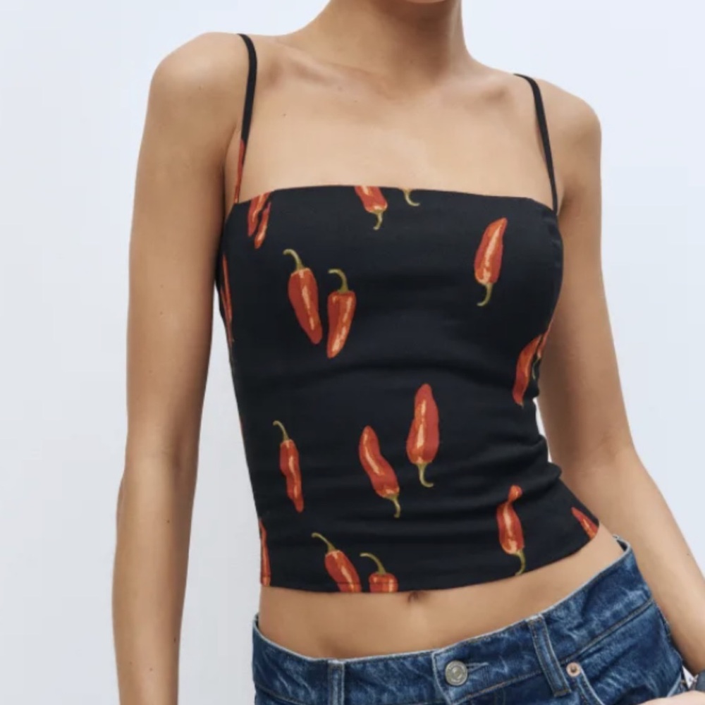 Reformation Black Top with Red chili Pepper Print